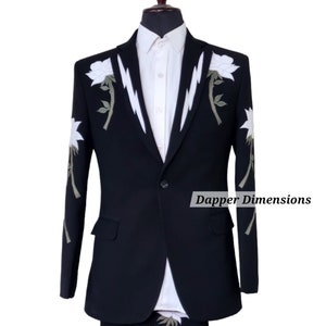 Men Black Cotton 2Pc Bespoke Country Western Suit Vintage Floral Flowers Embroidered Designer Wedding Cocktail Dinner Prom Party Wear Outfit