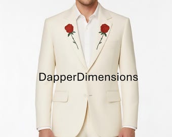 Men's Ivory 2Pc Cowboy Nudie Suit: Embroidered Skeleton Rhinestone Western Wear