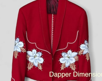 Men's Red Floral Embroidered Western Suit: Vintage Rhinestone Cowboy Outfit