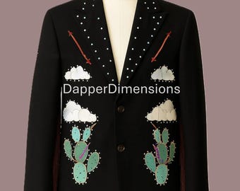 Men Customize Black 2 Piece Cactus Cat Clouds Embroidered Western Style Cowboy Wedding Cocktail Party Attire Country Music Outfit Western