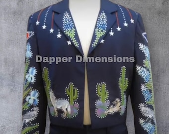 Traje vaquero de 2 piezas para hombre, personalizado, con bordado de cactus azul: traje de boda con estrás.