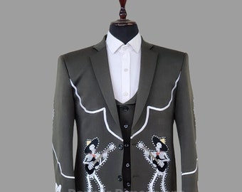 Men’s Army Green 3 Piece Customized  Embroidered Skeleton  Country Western Suit – Retro Groom, Prom, Wedding, & Party Outfit
