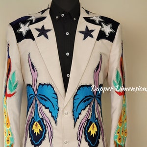 Men Ivory Bespoke 2Pc Phoenix & Peafowl Embroidered With Rhinestones Country Western Nudie Suit Vintage Party Events Wedding Day Outfit Set