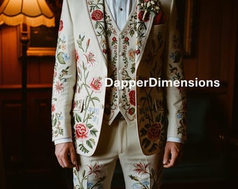 Men 2Pc Ivory Bespoke Floral Leaf Vines Embroidered Country Western Nudie Suit Smiley Pockets Vintage Cowboy Party Wedding Groom Outfit Set