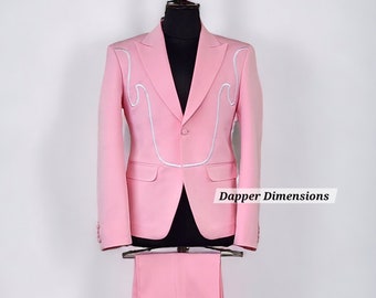 Men's Pink  2Pc Customized Piping Embroidered Vintage Country Western Nudie Suit Retro Cowboy Party Wedding Groom Bespoke Outfit