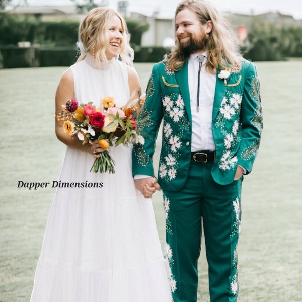 Men's Pine Green Wedding Day 2Pc Cotton Suit Custom Made Floral Embroidered Country Western Smiley Pockets Prom Gift Cocktail Party Wear Set