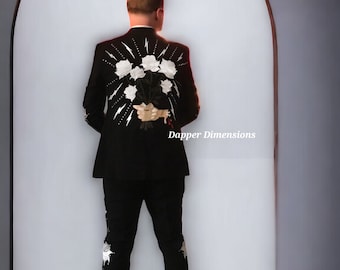 Men's Bespoke Floral Embroidered Black Suit, Western Style