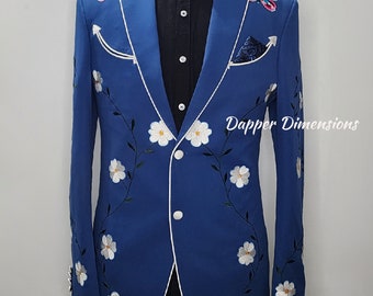 Blue Western Suit, Floral Embroidered Tuxedo, Retro Prom Outfit
