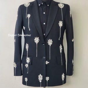 Women Black Blazer Crystal Embellished Jacket Custom Made Premium Cotton Formal Wedding Bridesmaid Cocktail Bride Prom Party Wear For Her