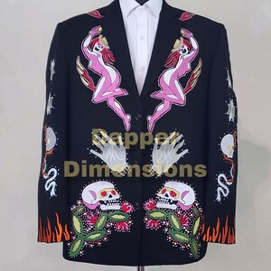 Men&#39;s Black Cowboy Western Nudie Suit Skeleton Embroidered Rhinestone Country Western Wedding Parties High Waist Pant Cocktail Formal Attire