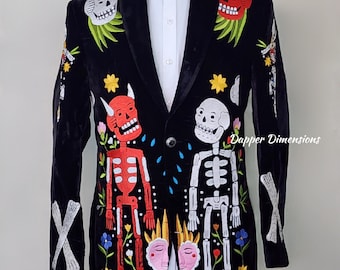 Tweedelige zwart fluwelen skeletgeborduurd kostuum heren, outfit halloweenfeest County Western