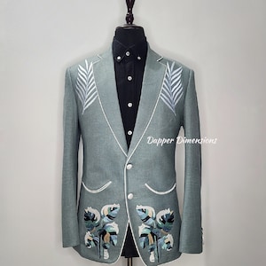 Men&#39;s Premium Sea Green 2Pc Bespoke Designer Western Suit Leaf Embroidered Piping Tuxedo High Waist Trouser Wedding Prom Party Attire Outfit