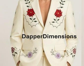 Men's 2Pc Ivory Customized Chainstitch Flower Vines Embroidered Country Western Nudie Suit