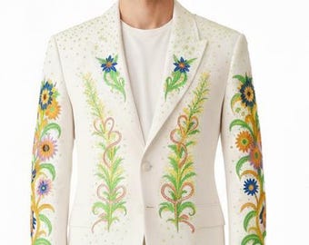 Men Customize White 2 Piece Multi Floral Embroidered Western Style Cowboy Wedding Cocktail Party Attire, Country Music Outfit, Western Suit