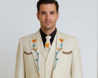 Men White 2Pc Customized Country Western Nudie Suit, exquisitely embroidered with colorful floral and bird motifs Cowboy Cocktail Prom Set