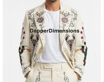 Men 2Pc Ivory Customized Scorpion Cactus Floral Embroidered Western Vintage Style Gothic Retro 70s Aesthetic Wedding Prom Party Groom Jacket