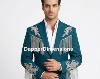 Men's 2Pc Blue Cowboy Nudie Suit: Embroidered Floral Rhinestone Western Wear Cowboy Western Suit Cocktail Party Attire Set