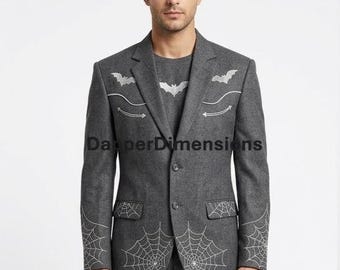 Men's 2Pc Gray Cowboy Nudie Suit: Embroidered  Spider Webs And Bats Rhinestone Western Wear Cowboy Western Suit Cocktail Party Attire Set