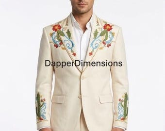 Men's 2Pc Ivory Cowboy Nudie Suit: Embroidered Cactus Floral Rhinestone Western Wear Cowboy Western Suit