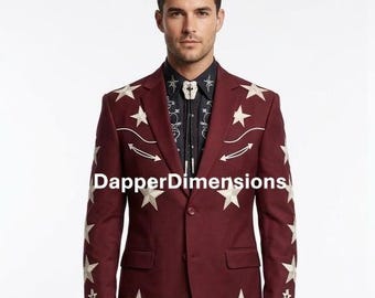 Men's 2Pc Maroon Cowboy Nudie Suit: Embroidered  Stars Floral Rhinestone Western Wear Cowboy Western Suit Cocktail Party Attire Set