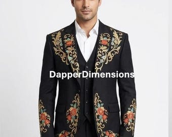 Traje vaquero Nudie negro de 2 piezas para hombre: Traje vaquero estilo western bordado con flores y pedrería, ideal para cócteles y fiestas.