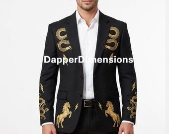 Men's 2Pc Black Cowboy Nudie Suit: Embroidered Snake And Horse Rhinestone Western Wear Cowboy Western Suit