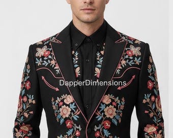 Men's 3Pc Floral Embroidered Western Pantsuit:  Bespoke Custom Rhinestone Cowboy Suit Western Suit