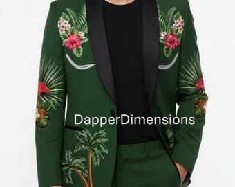 Men's 2Pc Custom Made  Embroidered Western Suit: Green Cotton Floral Pantsuit Western Suit