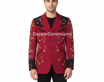 Men's 2Pc Customized Vintage Style Western Music Note Suit  Jacket & Pants Guitar Embroidered Retro Costume Wedding Outfit  Cowboy Cocktail