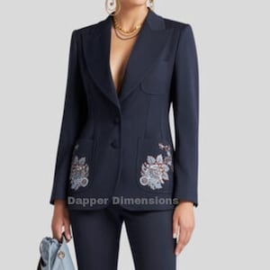 Women 2Pc Midnight Blue Custom Made Flowers Embroidered Country Western Boho Hippie Royal Suit Prom Party Attire Wedding Designer Dress Set