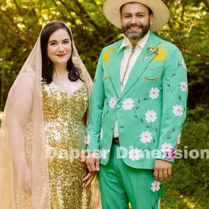 Men&#39;s Jade Green 2 Piece Customized Country Western Suit Floral Flowers Embroidery Rhinestones  Dinner Prom Party Wedding Day Attire Outfit