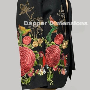 Man&#39;s Black 2Pc Customized Floral Birds & Flower Embroidered With Handwork Country Western Suit Retro Prom Party Wedding Day Designer Outfit