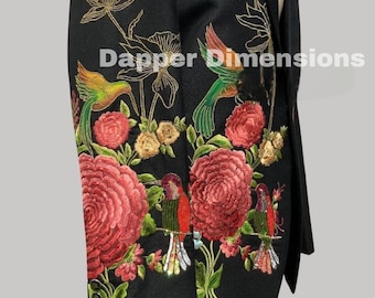 Men's Black Suit: Floral Bird Embroidery, Retro Western Style