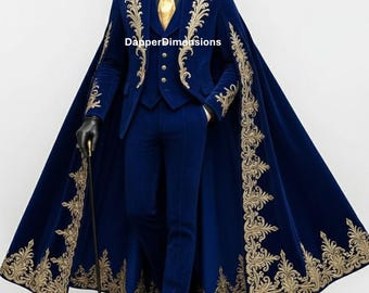 Men's Blue Velvet Military Wedding Suit - Gold Embroidered Groom Outfit - Royal Prince Jacket with Cape - Custom Formal Tuxedo Alternative