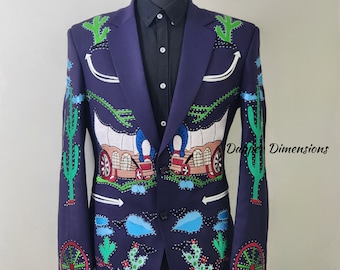 Men's 2Pc Purple Customized Embroidered Western Suit, Floral C Set