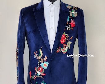 Blue Velvet Embroidered Tuxedo Suit - Rhinestone Birds & Flowers