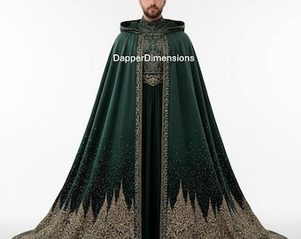 Men Green Customized Embroidered Velvet Cloak Gold Star Detailing Vintage-Inspired Opera Cape Long Train Embroidered Cape Gala Event Outfit