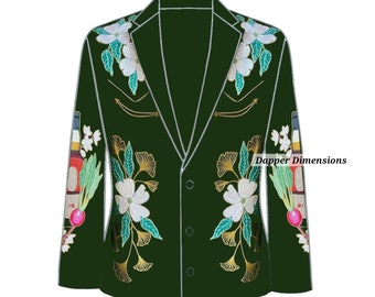 Man's Green 2Pc Customized Western Suit Flowers Floral Embroidered Cotton Designer Smiley Pockets Prom Party Wedding Cocktail Dinner Outfit