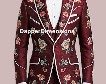 Men's 2Pc Ruby Red Customized Floral Rose Leaf  Embroidered Rhinestones Country Western Nudie Suit Cowboy Retro Vintage Wedding Party Outfit