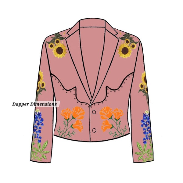 Men's Peach 2Pc Bespoke Vintage Floral Rhinestone Embroidered & Piping Country Western Suit Designer Cowboy Prom Wedding Cocktail Party Set