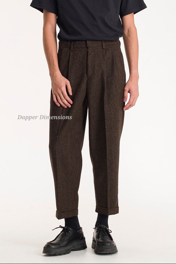 mens wool dress pants pleated Men's Vintage Pants Wool Blend Thicken Winter Trousers Pleated High Waist Tapered Leg Rolled Brown at Amazon Men's Clothing store