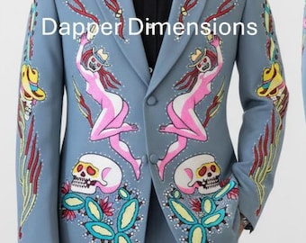 Traje vaquero gris para hombre: ropa vaquera con esqueleto bordado y diamantes de imitación