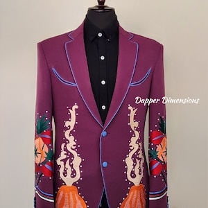 Traje de 2 piezas morado a medida para hombre, estilo country western, con ribetes bordados de fuego volcánico, esmoquin real, pantalón de cintura alta, traje para fiesta de graduación, regalo