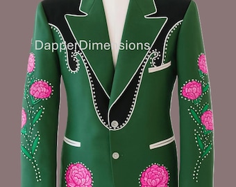 Men 2Pc Teal Blue Customised Floral Flowers Vines Embroidered Country Western Nudie Suit Cocktail Retro Party Wedding Cowboy Outfit