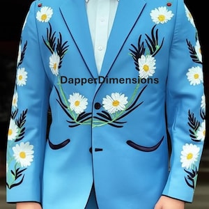 Men&#39;s Blue Customized Floral Embroidered Suit Vintage Western Style 2-Piece Outfit for Groom&#39;s Wedding Cocktail Attire Music Concert Outfits