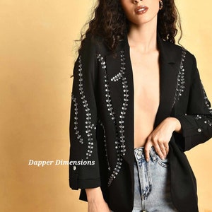 Women Black Blazer Crystal Hand Embellished Jacket Customized Premium Wedding Bridesmaid Cocktail Style Bride Prom Boho Hippie Party Outfit