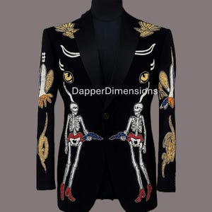 Men Black 2Pc Bespoke Cowboy Skeleton Embroidered Rhinestone Country Western Pantsuit  Cowboy Nudie Cocktail Groom Wedding Prom Party Outfit