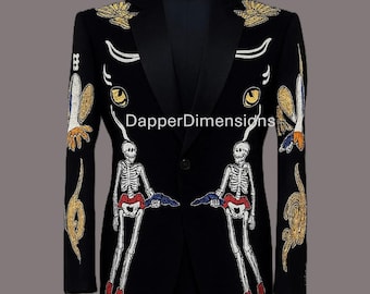 Men’s Black 2-Piece Custom Nudie Suit – Skeleton & Snake Embroidery with Rhinestone Cowboy Cocktail Prom Parties Weddings Pantsuit Outfit