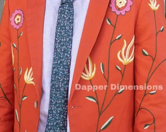 Men's 2Pc Rusty Orange Embroidered Floral Suit, Customized Western Wedding Outfit