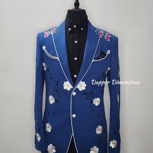 Men & Women Blue 2Pc Bespoke Western Suit Flowers Embroidered With Piping Tuxedo Country Retro Prom Wedding Party Designer Attire Outfit